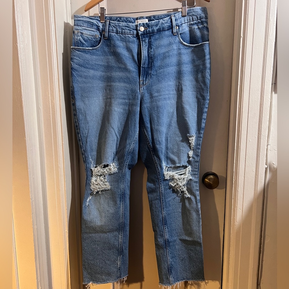 Good American Blue Distressed Straight Leg Jeans Size 15
